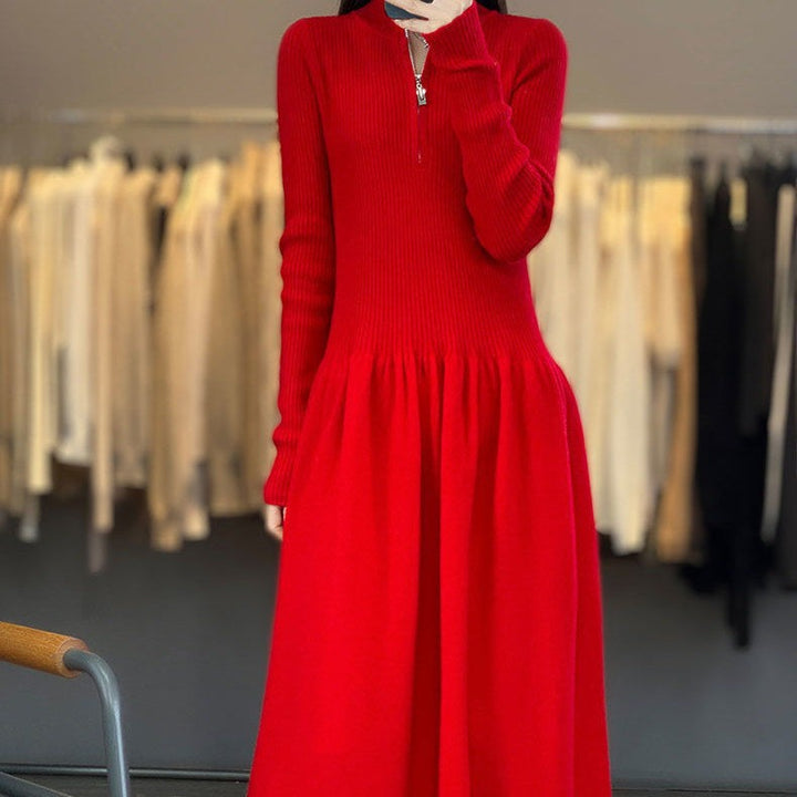 Damen lässiges Strickkleid mit hohem Kragen und Zip-Taschen Drune