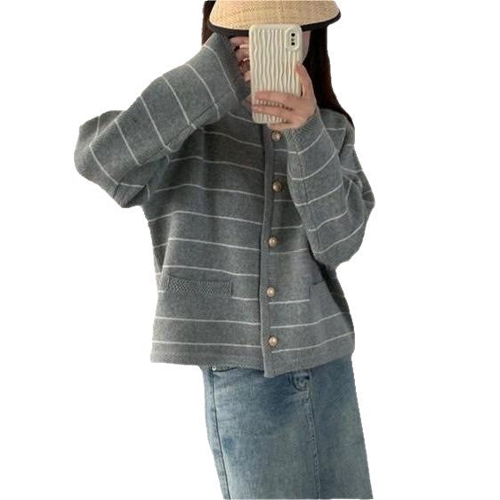 Damen gemütlicher Cardigan mit feinen Streifen und praktischen Taschen Drune