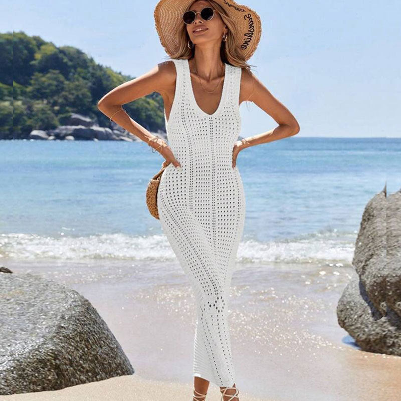 Damen Elegantes Häkel-Maxikleid mit feinem Lochdesign und V-Ausschnitt Drune