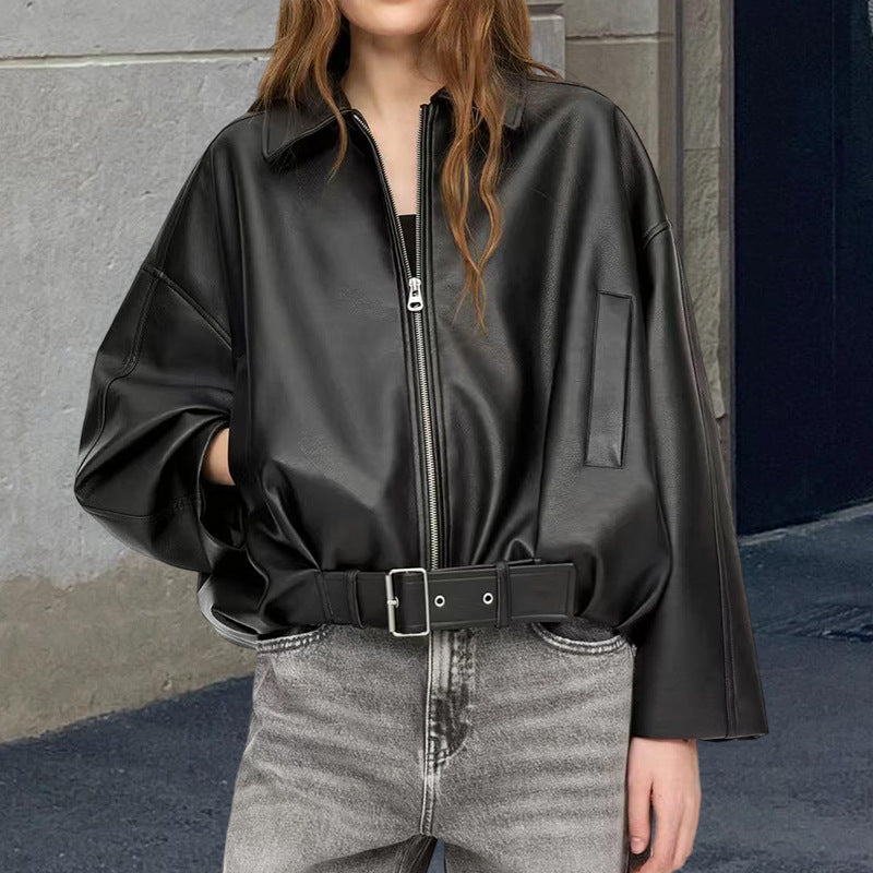 Damen Oversized Kunstlederjacke mit flauen Schultern und praktischen Druckknöpfen Drune