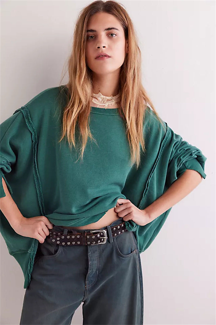 Damen oversized Sweatshirt mit Ballonärmeln, offenen Saumnähten und seitlichen Schlitzen Drune