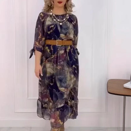 Damen Elegantes Chiffon Maxikleid mit floralen Akzenten, gestuftem Rock und 3/4-Ärmeln Drune