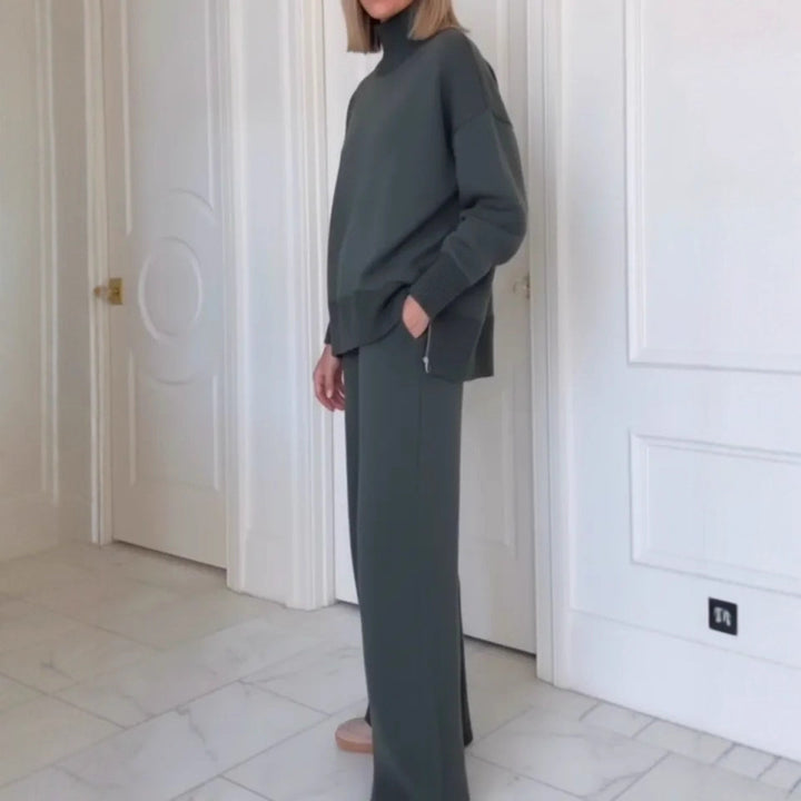 Damen Bequemes Strick-Loungewear-Set mit hochgeschlossenem Pullover und weit geschnittenen Hosen Drune