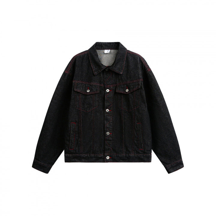 Unisex Boxy-Denimjacke mit kontrastierenden Ziernähten und Pattentaschen Drune