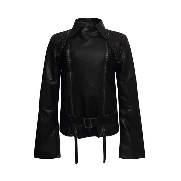 Damen Kunstleder-Bondagejacke mit verlängerten Ärmeln, Doppel-Reißverschlüssen und Taillengürtel Drune