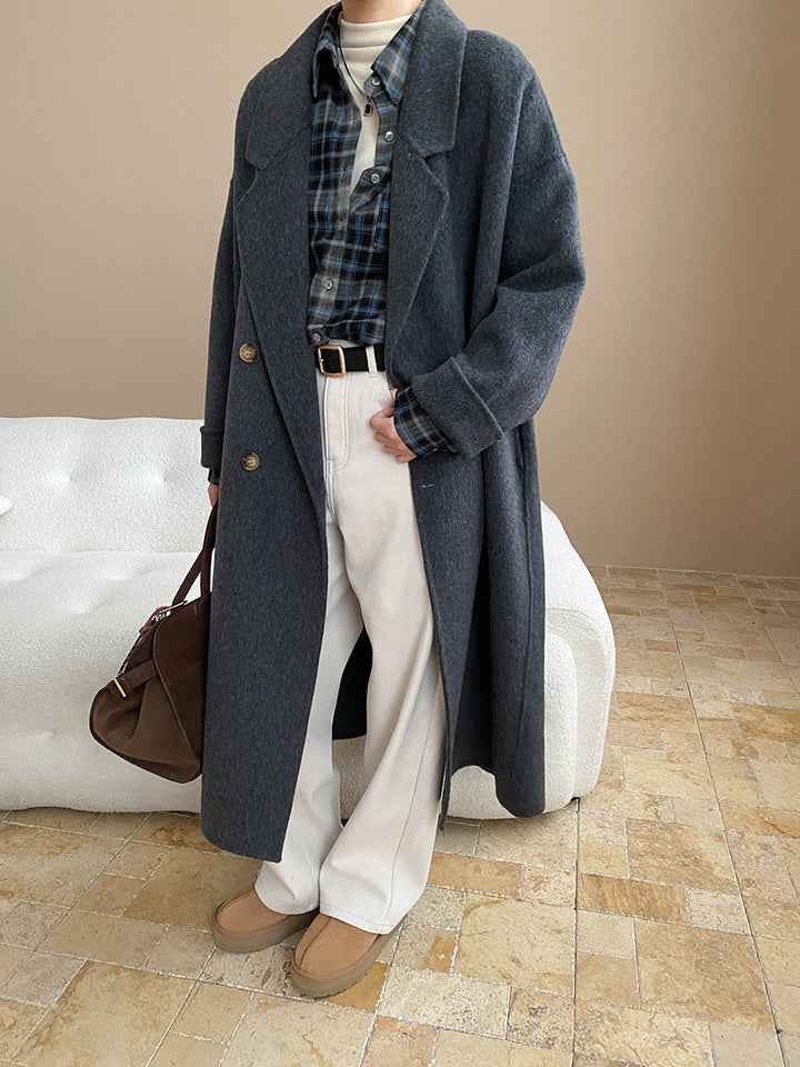 Damen eleganter Wollmantel mit doppelter Knopfleiste und weitem Schnitt Drune