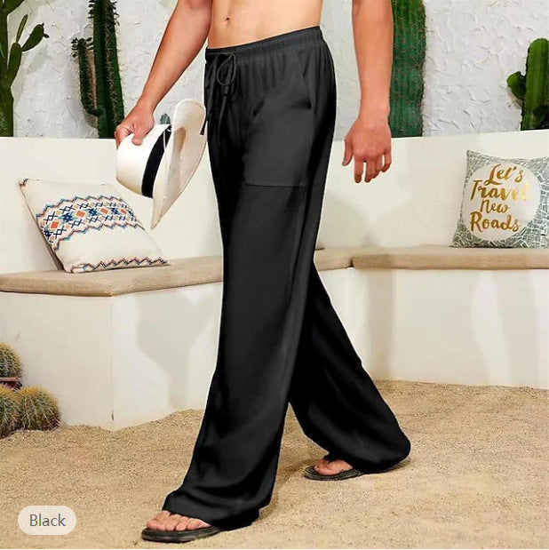 Herren weite Leinenhose mit Tunnelzug, aufgesetzten Seitentaschen und Relaxed-Fit Drune