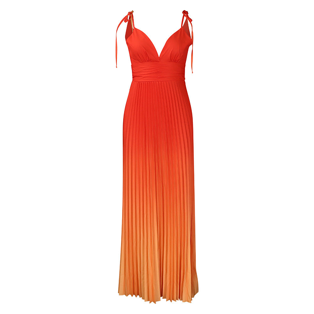 Damen Maxikleid mit tiefem V-Ausschnitt und elegantem Falten-Design Drune