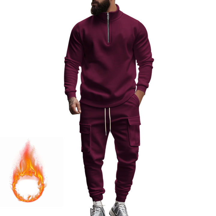 Herren nan sportives Cargo-Joggingset mit Halbzip-Stehkragen, wärmendem Fleece-Innenfutter und großzügigen Klapptaschen Drune