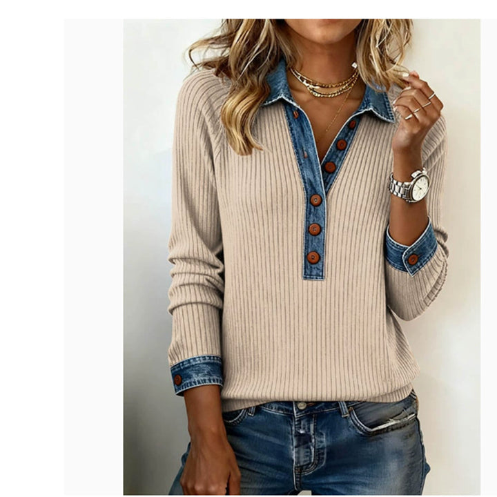 Damen Gerippter Pullover mit Jeanskragen und Knopfleiste Drune