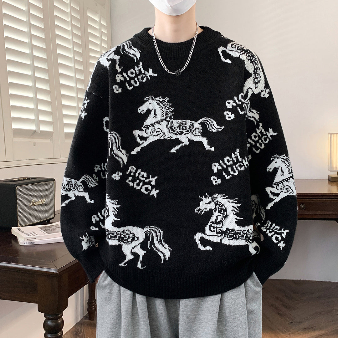 Herren Verspielter Grobstrickpullover mit Pferdemotiv Drune