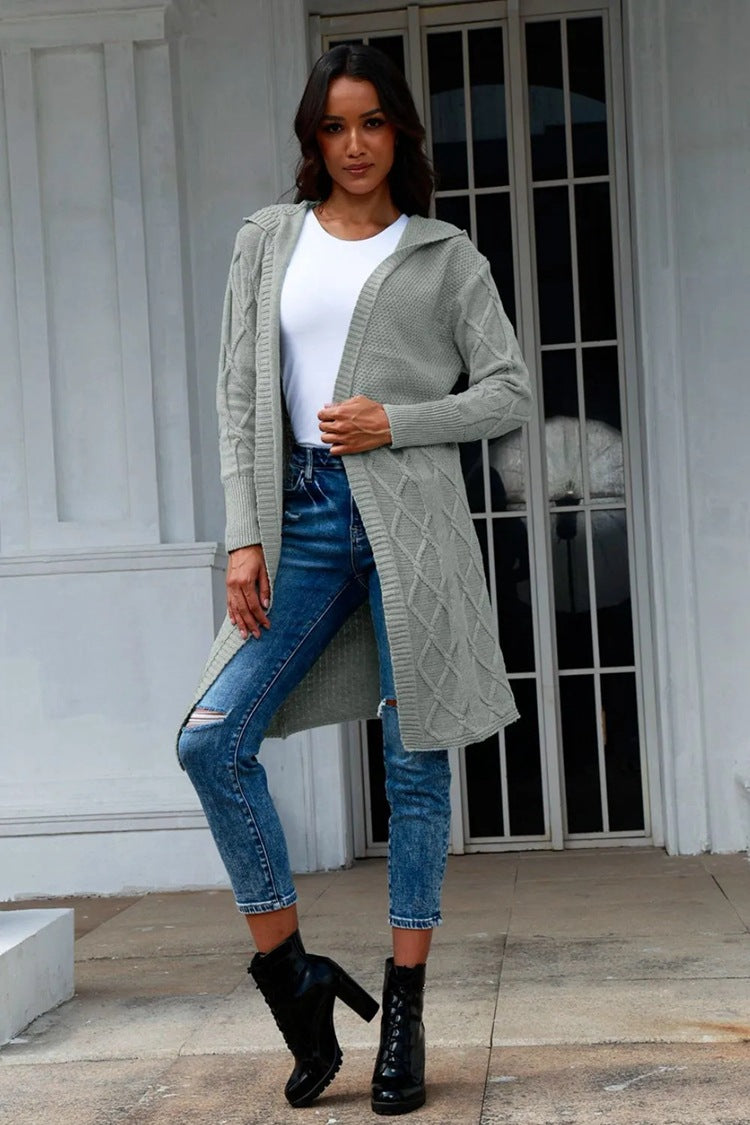 Damen Strickmantel mit elegantem Zopf-Design und bequemer Kapuze Drune