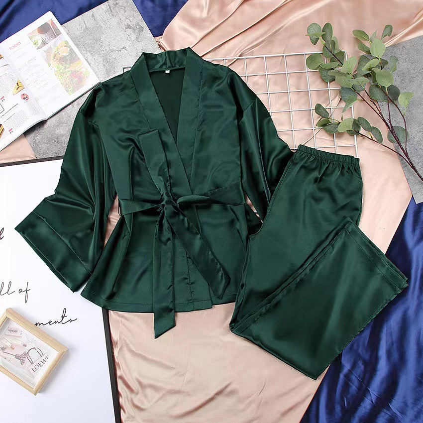 Damen satinierter Kimono-Style Morgenmantel und Hose Set Drune
