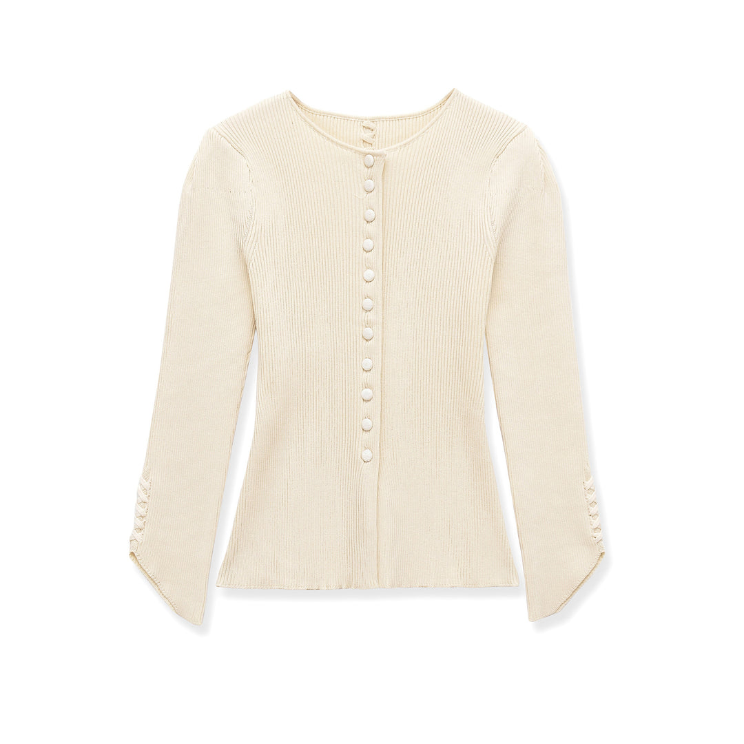 Damen Feinstrick-Cardigan mit durchgehender Knopfleiste, taillierter Rippenstruktur und geschwungenem Saum Drune
