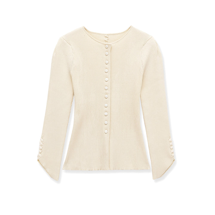 Damen Feinstrick-Cardigan mit durchgehender Knopfleiste, taillierter Rippenstruktur und geschwungenem Saum Drune