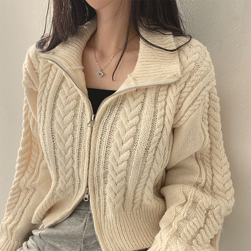 Damen Strickjacke mit Zipper und Kabelmuster Drune