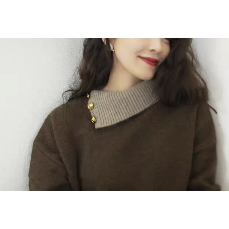 Damen Kurzgeschnitteter Pullover mit asymmetrischem Knopf‑Mockneck und Ballonärmeln Drune