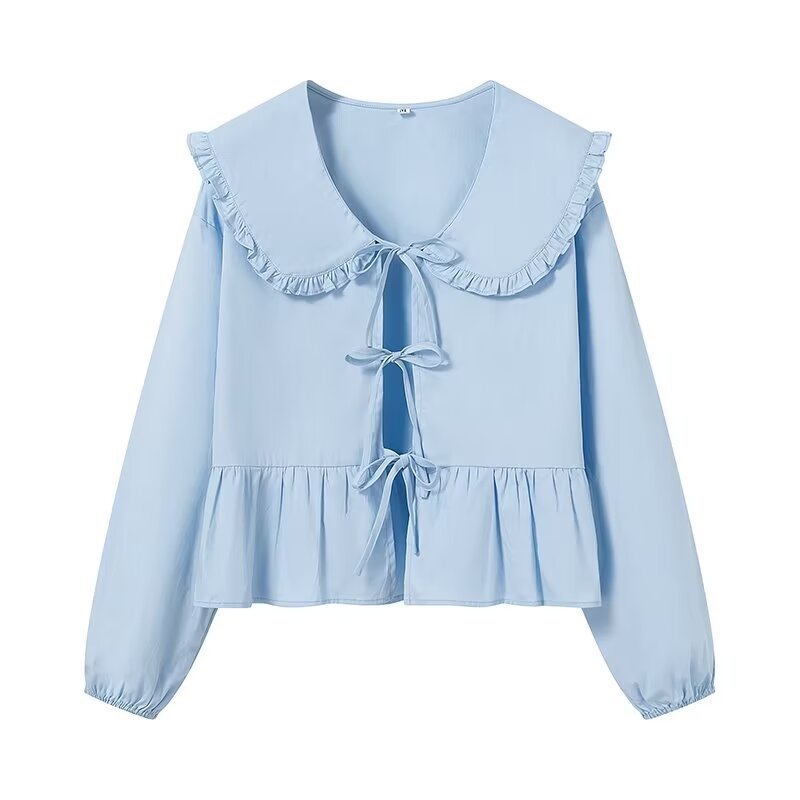 Damen Rüschige Cropped-Bluse mit übergroßem Kragen, Bindebändern und tailliertem Peplum Drune