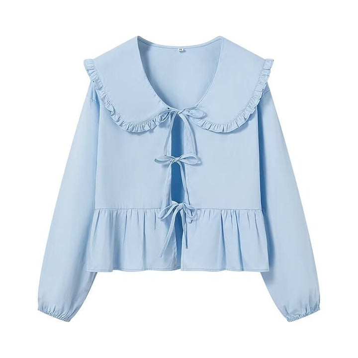 Damen Rüschige Cropped-Bluse mit übergroßem Kragen, Bindebändern und tailliertem Peplum Drune