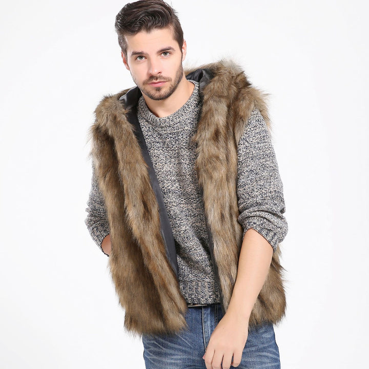 Herren Elegante Kunstpelzjacke mit Kapuze und seitlichen Taschen Drune
