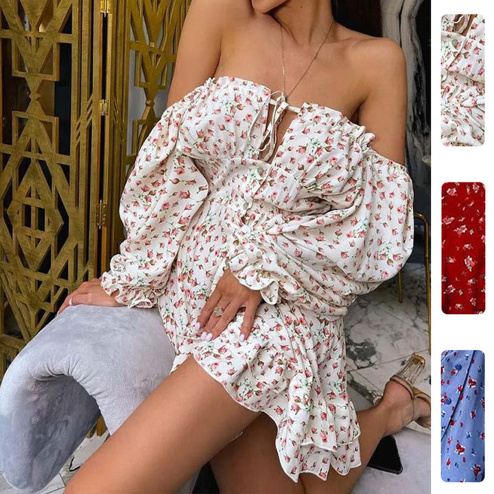 Damen Off-Shoulder Kleid mit floralen Mustern und Rüschendetails Drune