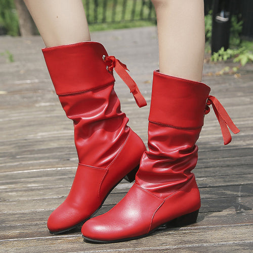 Damen  knielange Stiefel mit rückseitiger Schnürschleife, gerafftem Schaft und flachem Blockabsatz Drune