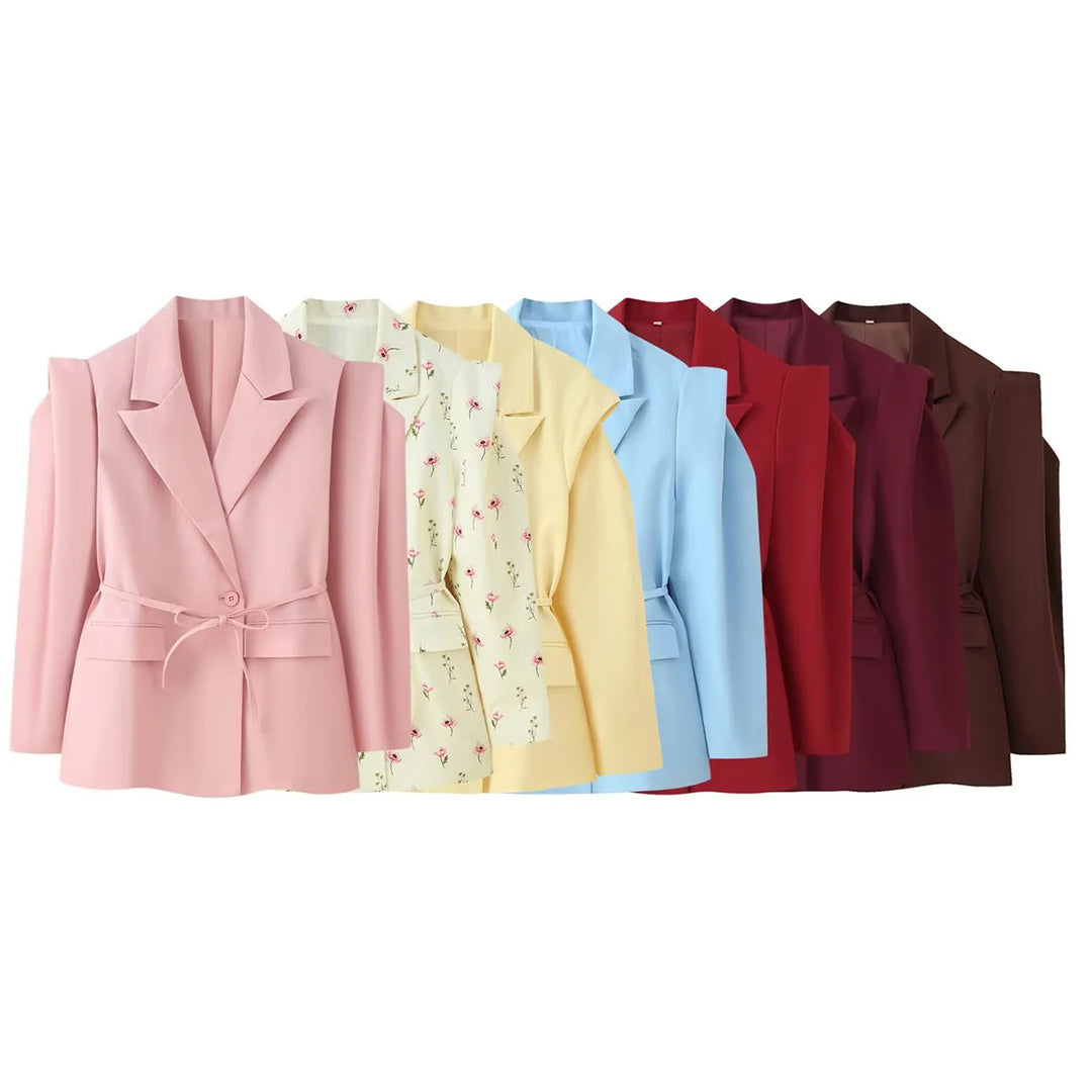 Damen elegante Oversized-Blazerjacke mit Gürtel und Schulterpolstern Drune