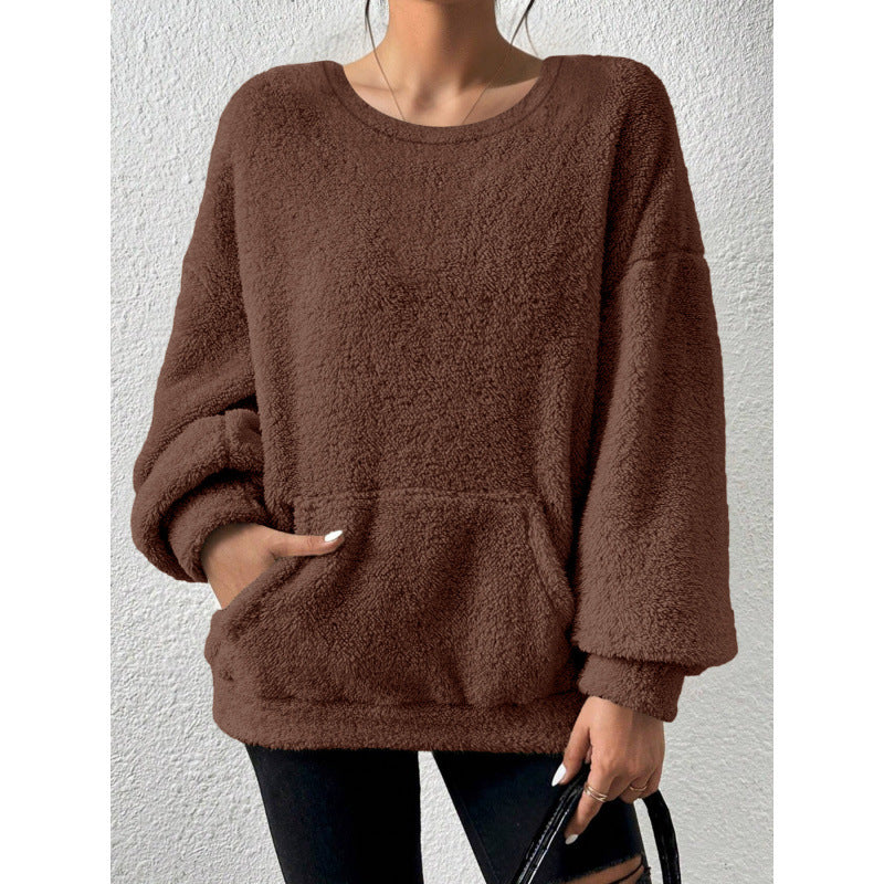Damen Kuscheliger Oversize-Sherpa-Pullover mit Kängurutasche und Ballonärmeln Drune