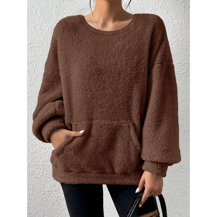 Damen Kuscheliger Oversize-Sherpa-Pullover mit Kängurutasche und Ballonärmeln Drune