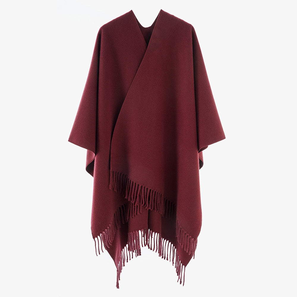 Damen Minimalistischer Wickel‑Capeponcho aus Wollmix mit V‑Ausschnitt und zartem Fransensaum Drune