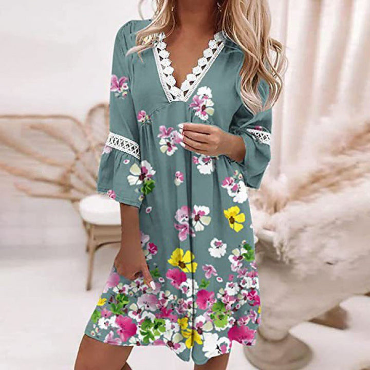 Damen Blumiges Tunika-Kleid mit Spitzenakzenten Drune