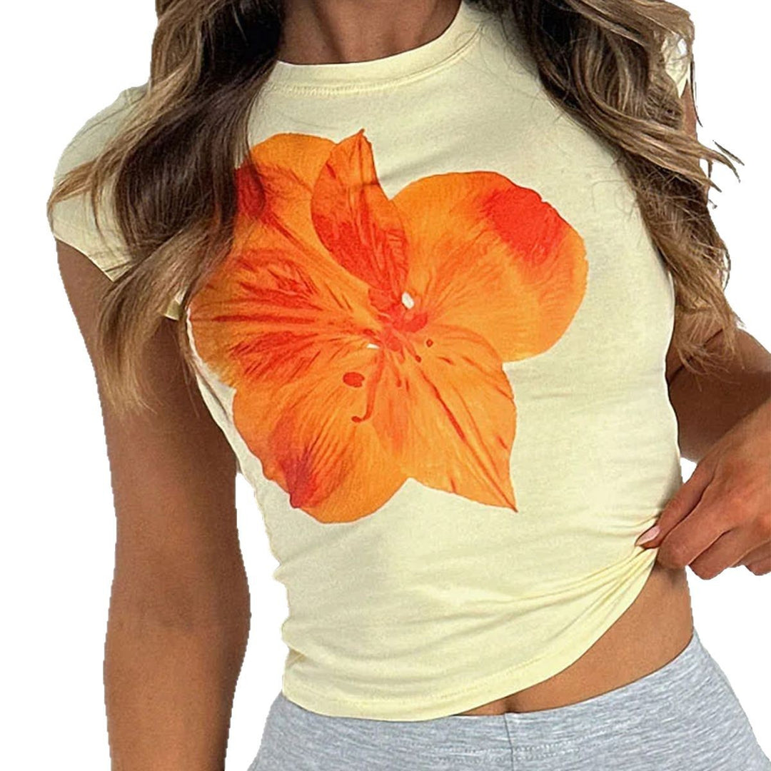 Damen Kurzarm-T-Shirt mit floralem Print und figurbetonter Passform Drune