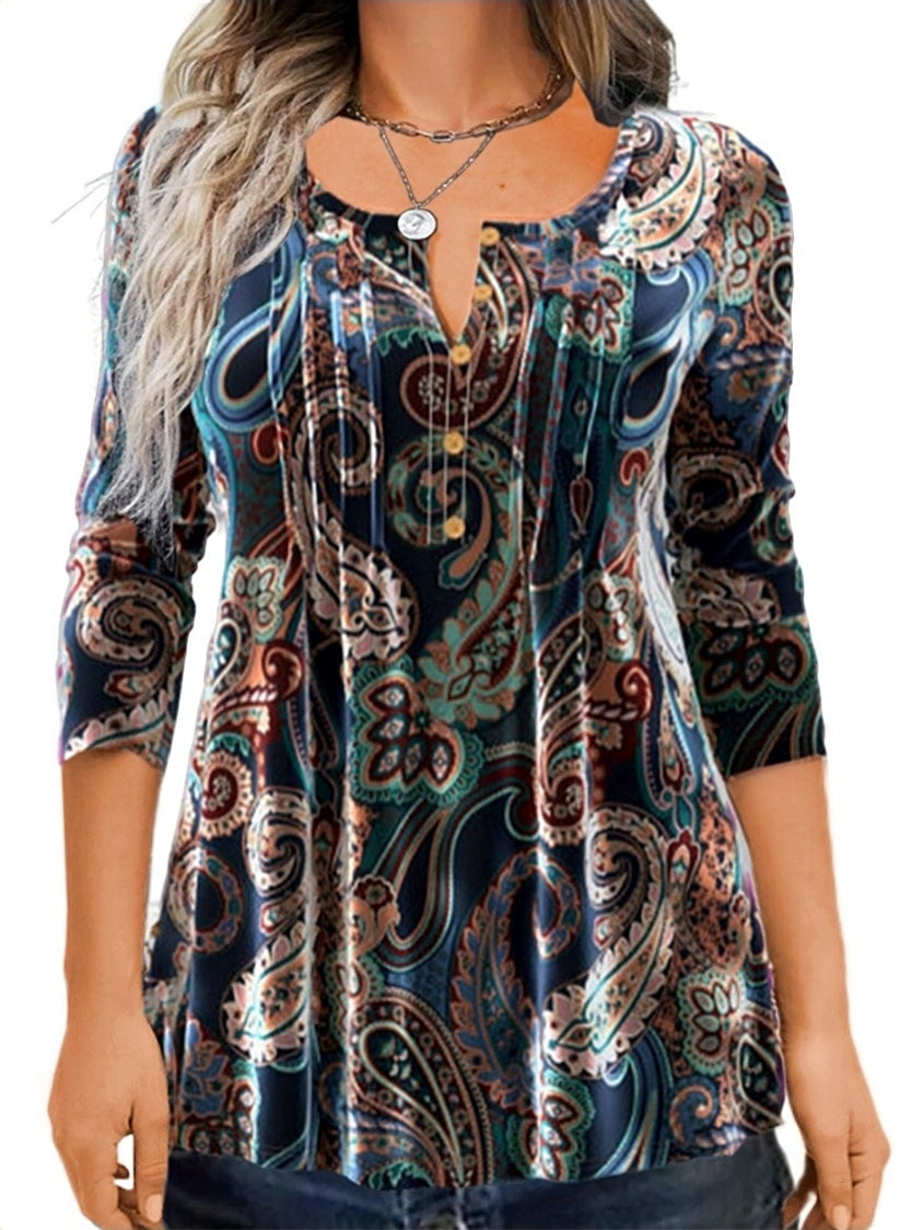 Damen Paisley Tunika mit 3/4 Ärmeln, Falten und Knopfblende Drune