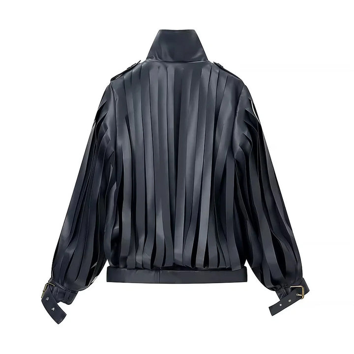 Damen nan kunstleder-blousonjacke mit Streifenfransen, Stehkragen und Taillengürtel Drune