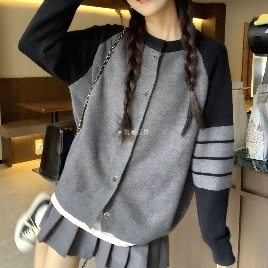 Damen bequemer Strickcardigan mit Knopfdetails und sportlichen Streifen Drune