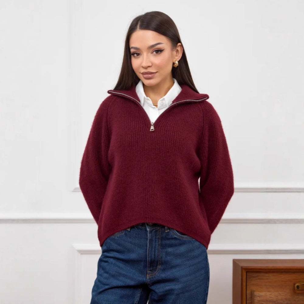 Damen Modischer Strickpullover mit Stehkragen und kurzer Reißverschluss Drune