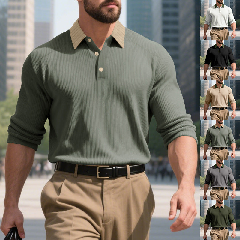 Herren elegantes Langarm-Polohemd mit strukturiertem Design und modischem Kragen Drune