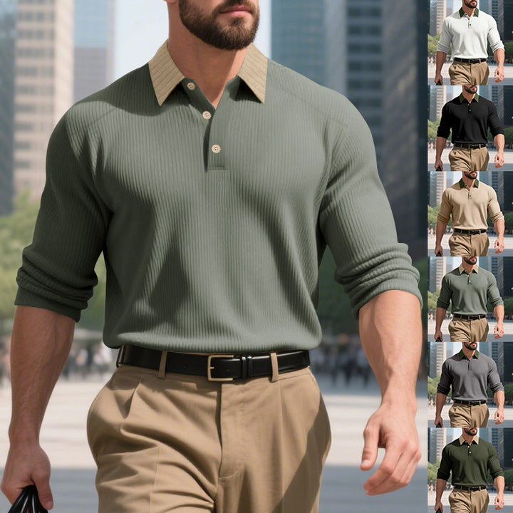 Herren elegantes Langarm-Polohemd mit strukturiertem Design und modischem Kragen Drune