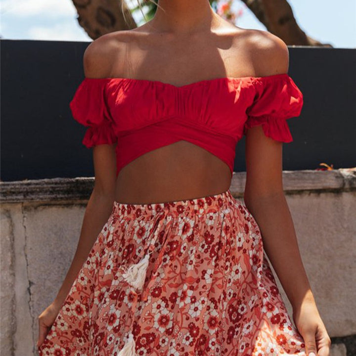 Damen Crop-Top mit fließenden Puffärmeln und knielangen Details Drune