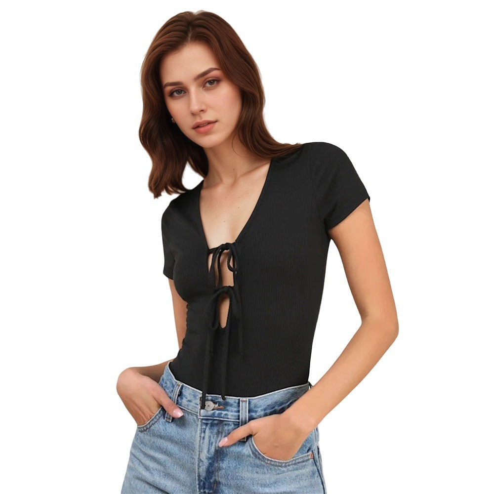 Damen Bodysuit mit modischem V-Ausschnitt und bindbarem Detail Drune