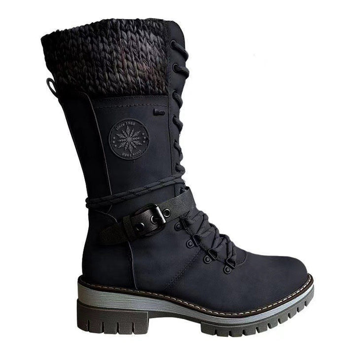 Damen nan gefütterte Schnürstiefel mit gestricktem Schaftbund, dekorativem Schnallenriemen und profilierter Gummisohle Drune