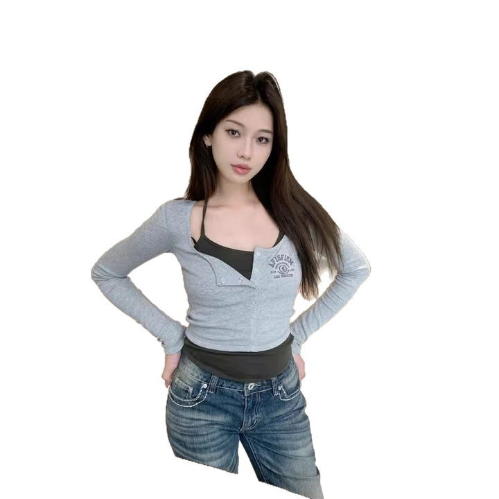 Damen Langarm-Top mit traumhaftem Knopfdesign und integrierter Untershirt-Funktion Drune