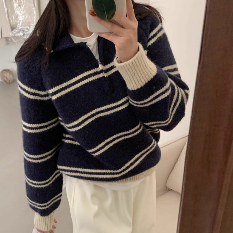 Damen Gemusterter Pullover mit Stehkragen und Kontrastdetails Drune
