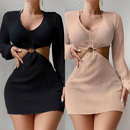 Damen Cut-Out Minikleid mit langen Ärmeln und Knotendetail Drune