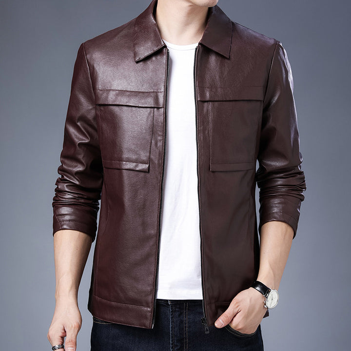 Herren Slim‑Fit Lederoptik-Truckerjacke mit Hemdkragen, verdecktem Reißverschluss und Pattentaschen Drune