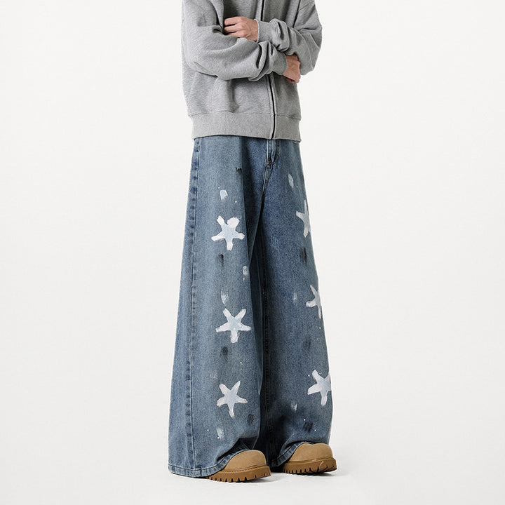 Damen Extraweite Baggy-Jeans mit Sternprint, Distressed-Details und weitem Bein Drune