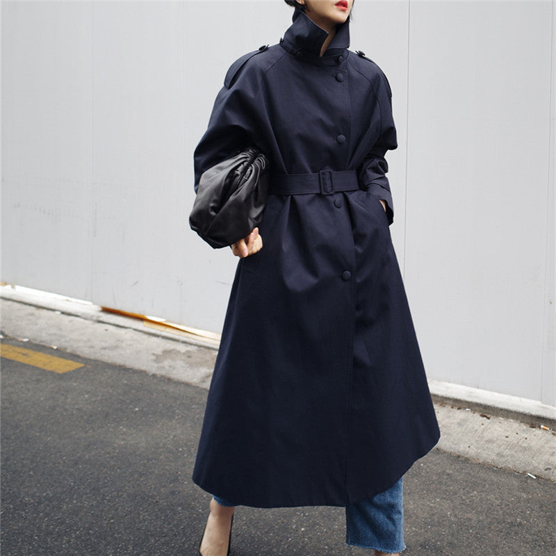 Damen Langgeschnittener Trenchcoat mit Taillengürtel und Stehkragen Drune