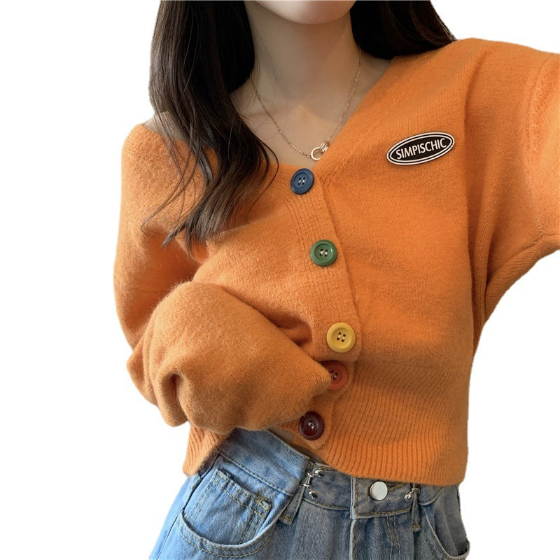 Damen Lässige Strickjacke mit bunten Knöpfen und V-Ausschnitt Drune