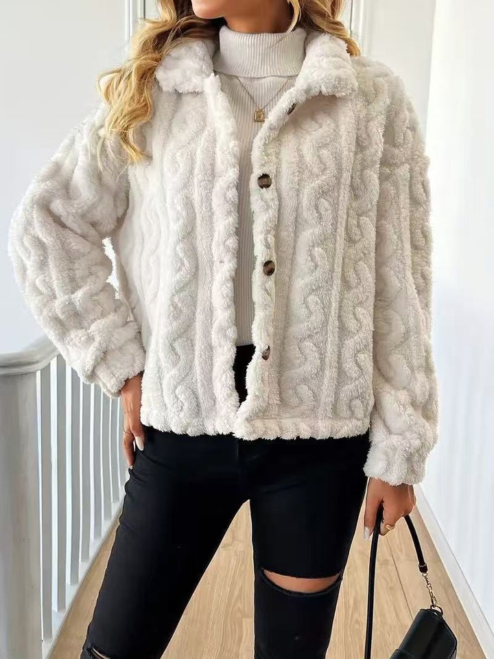 Damen Plüschjacke mit Knopfverschluss und gestreiftem Strukturdesign Drune
