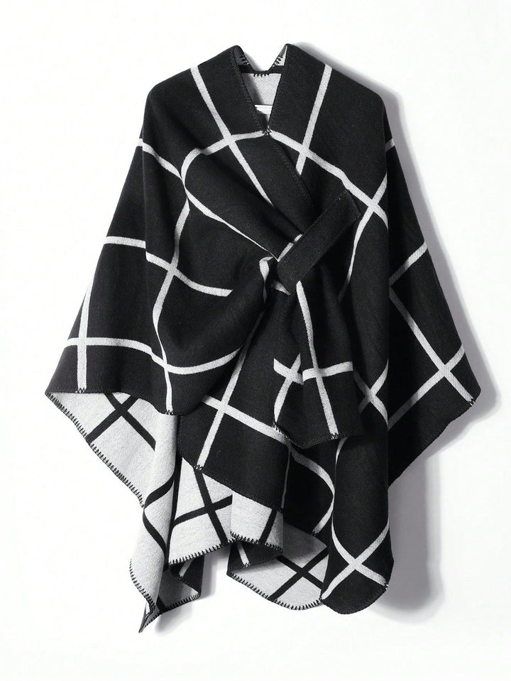 Damen Reversibler Oversize-Umhang mit großem Karomuster und offener Front Drune